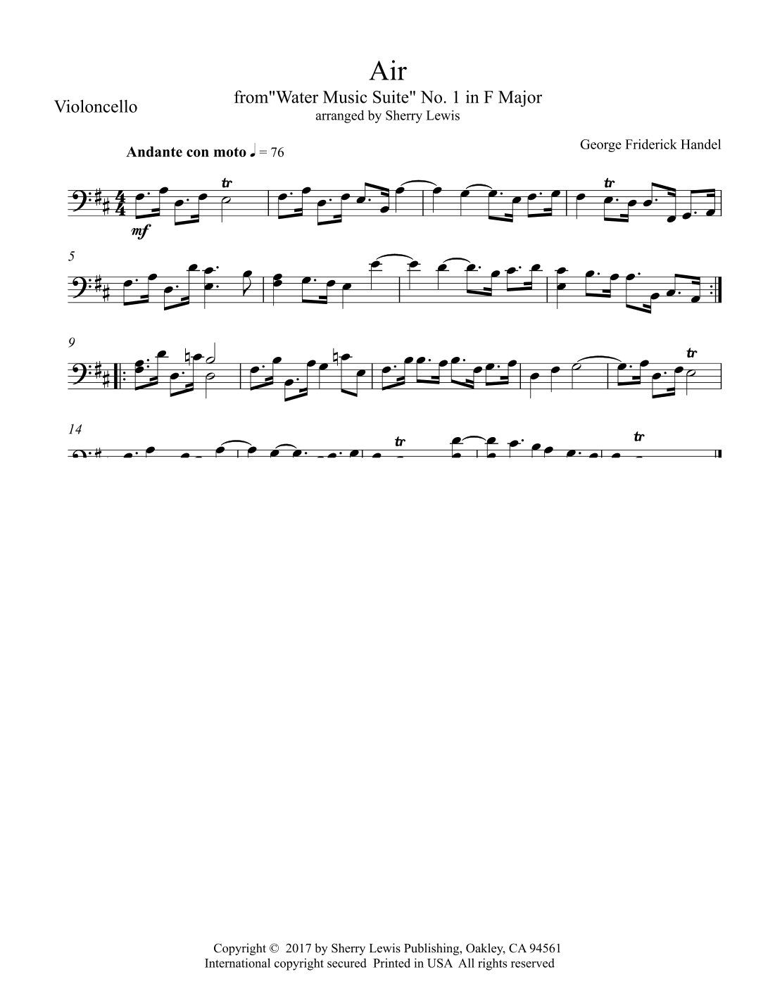 Air from Water Music for Cello Solo (arr. Sherry Lewis)