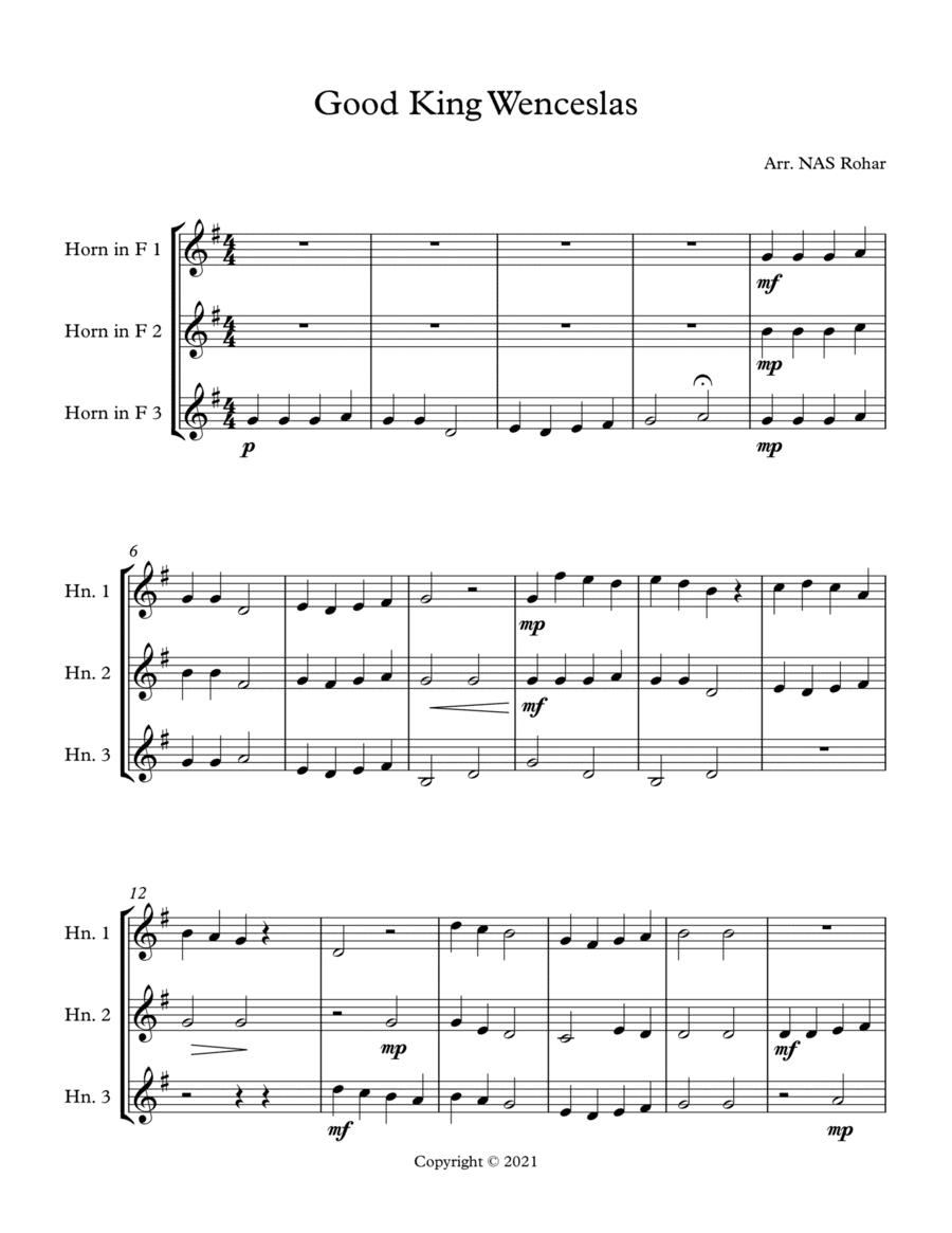 Good Kind Wenceslas for 3 horns (arr. Nancy Shafer Rohar)