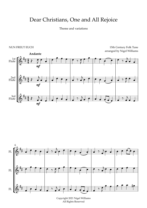 Dear Christians, One and All Rejoice (Nun Freut Euch), for Flute Trio (arr. Nigel Williams)
