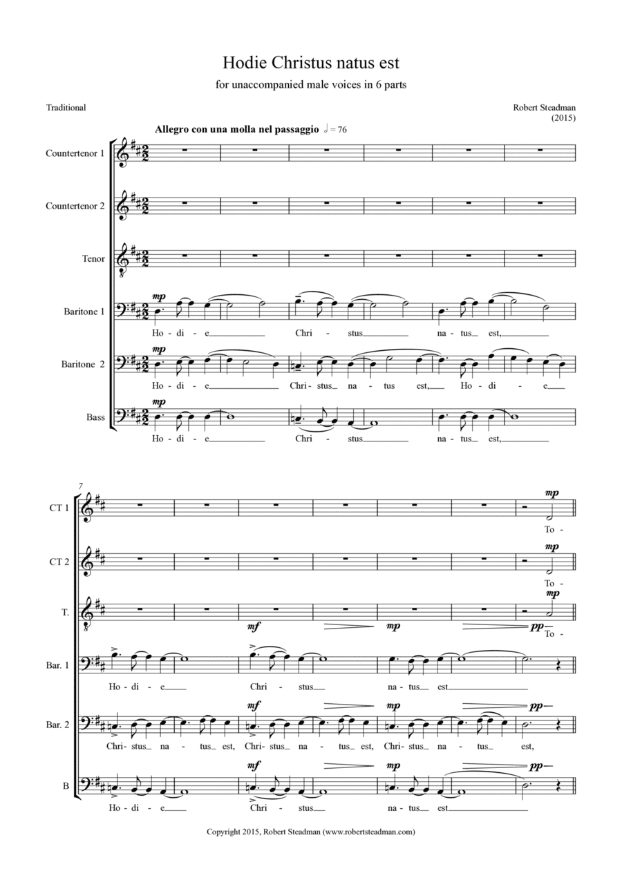 Hodie Christus natus est (for unaccompanied 6-part male choir - Ct, Ct, T, Bar, Bar, B)