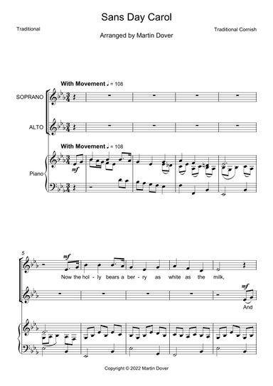 Sans Day Carol - Now the holly bears a berry - 2 part choir - SA - Upper Voices (arr. M & J Dover)