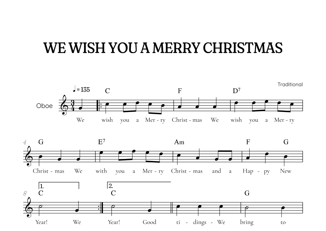 We Wish You a Merry Christmas for oboe • easy Christmas sheet music with chords and lyrics (arr. Benzaiten Editions)