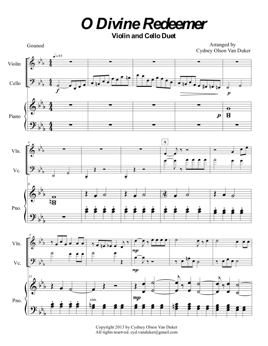 O Divine Redeemer violin cello and piano (arr. Cydney Olson Van Duker)