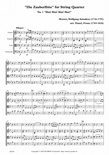 "Die Zauberflöte" for String Quartet, No. 1 "Hm! Hm! Hm! Hm!" (arr. Danzi, Franz Ignaz (1763-1826))