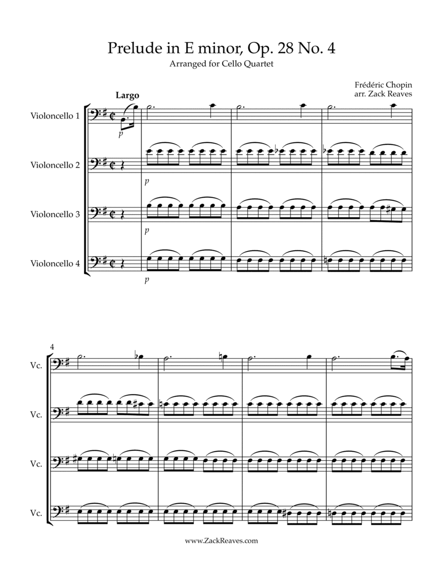Chopin - Prelude in E minor, Op. 28 No. 4 (Arranged for Cello Quartet) (arr. Zack Reaves)