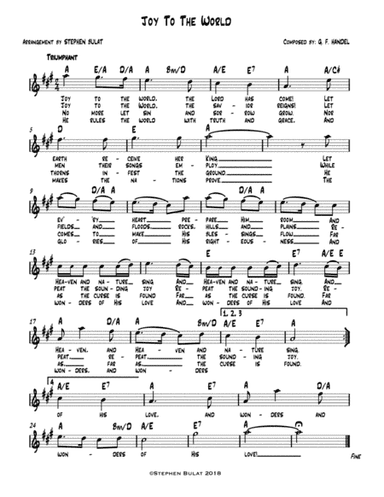 Joy To The World - Lead sheet (melody, lyrics & chords) in key of A (arr. Stephen Bulat)