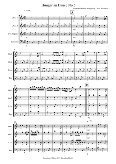 Hungarian Dance No.5 for Double Reed Quartet (arr. David Burndrett)