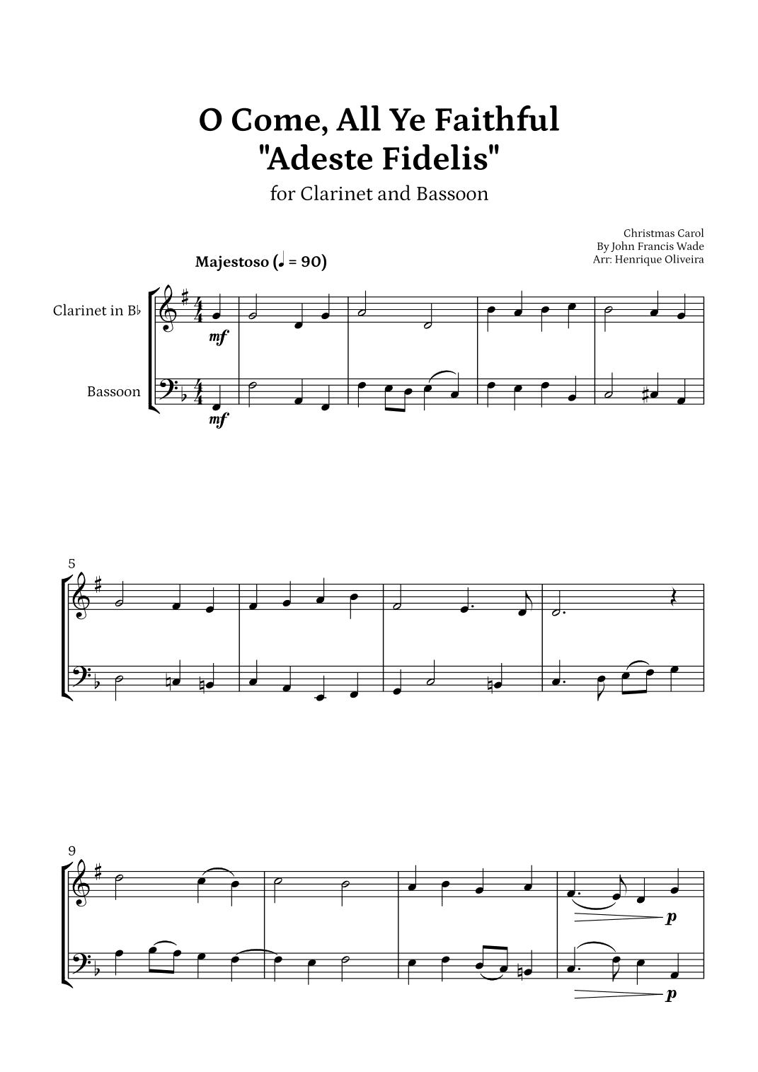 O Come, All Ye Faithful (Adeste Fidelis) - Clarinet and Bassoon (arr. Henrique Oliveira)