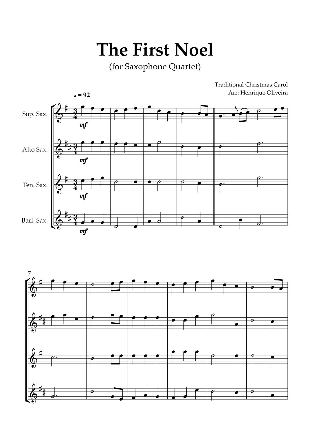 The First Noel (Saxophone Quartet) - Intermediate Level (arr. Henrique Oliveira)