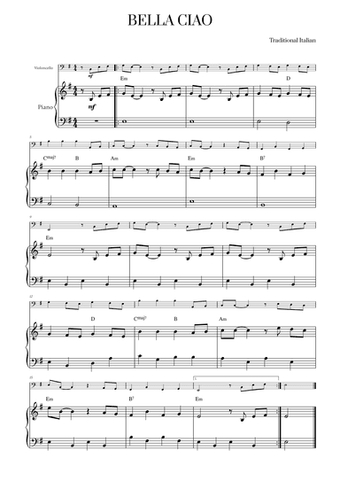 Bella Ciao with chords for Cello and Piano (arr. Cadenza Editions)