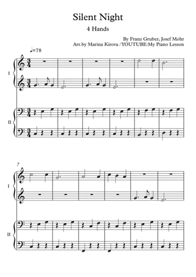 Silent Night - Four Hands EASY Piano Duet - with Note Names (with Letters) (arr. Marina Kirova)