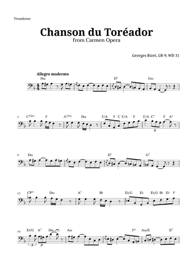 Chanson du Toreador by Bizet for Trombone (arr. Langanho)