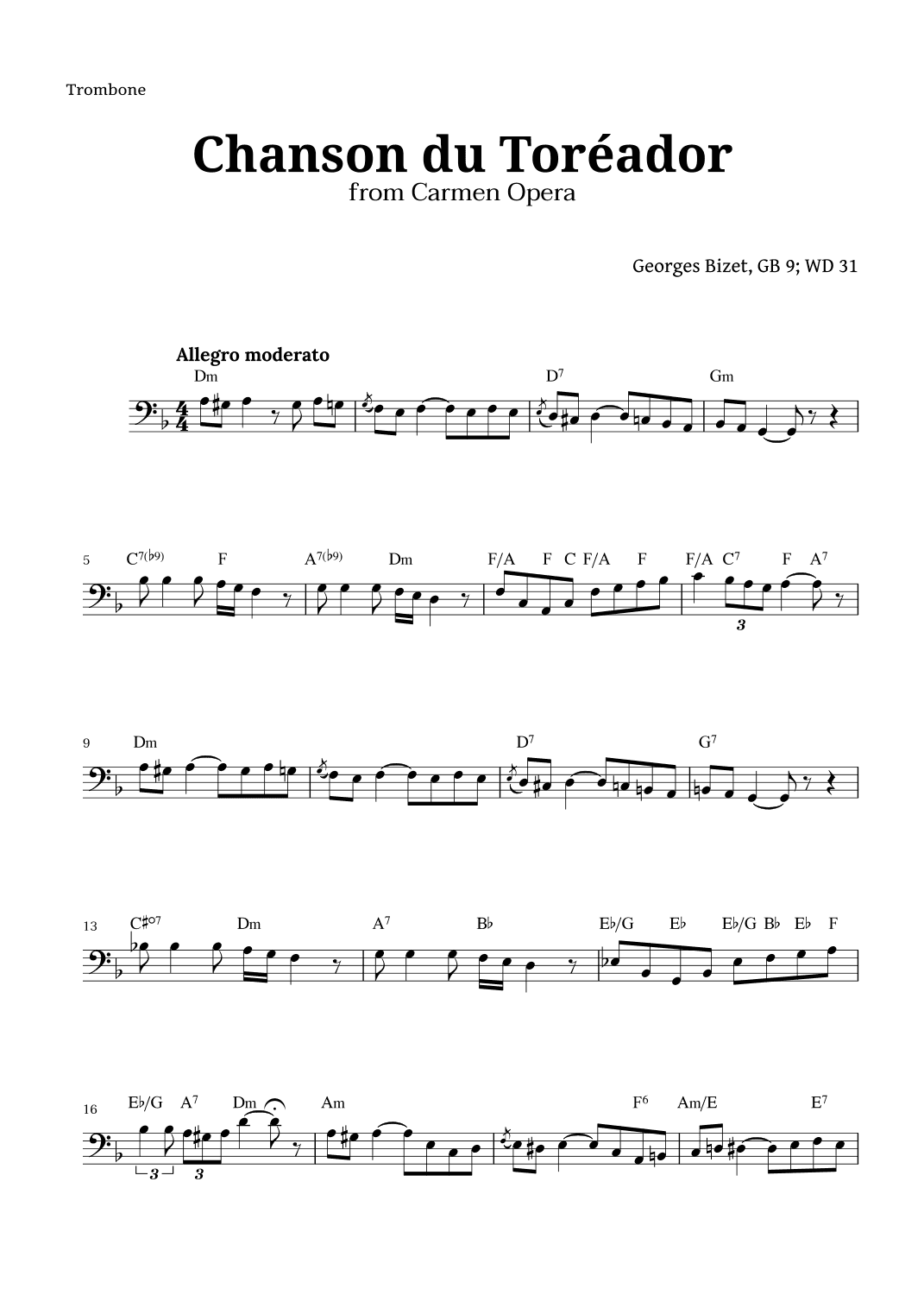 Chanson du Toreador by Bizet for Trombone (arr. Langanho)