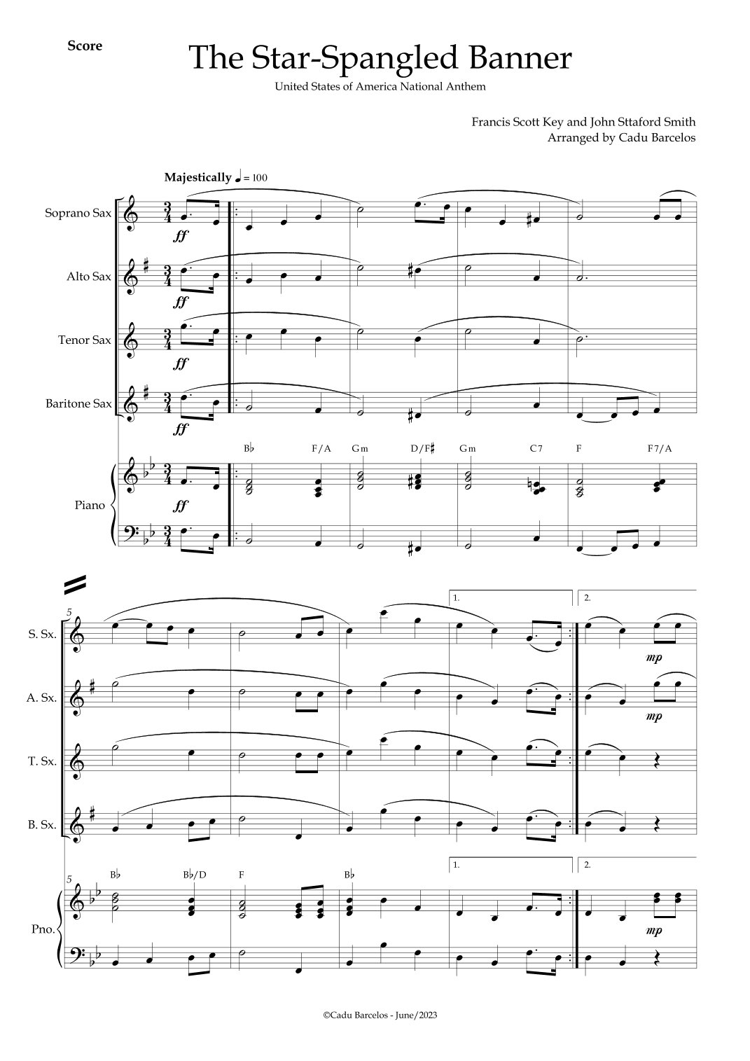 The Star-Spangled Banner - EUA Hymn (Sax Quartet) Piano and chords (arr. Cadu Barcelos)