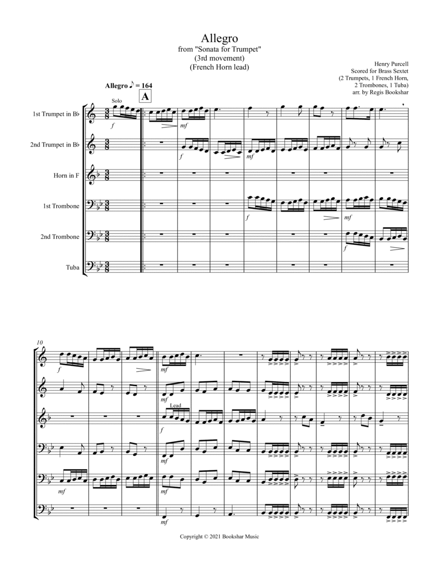 Allegro (from "Sonata for Trumpet") (Bb) (Brass Sextet - 2 Trp, 1 Hrn, 2 Trb, 1 Tuba) (French Horn l (arr. Regis Bookshar)