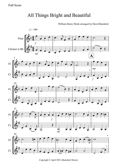 All Things Bright and Beautiful for Flute and Clarinet Duet (arr. David Burndrett)