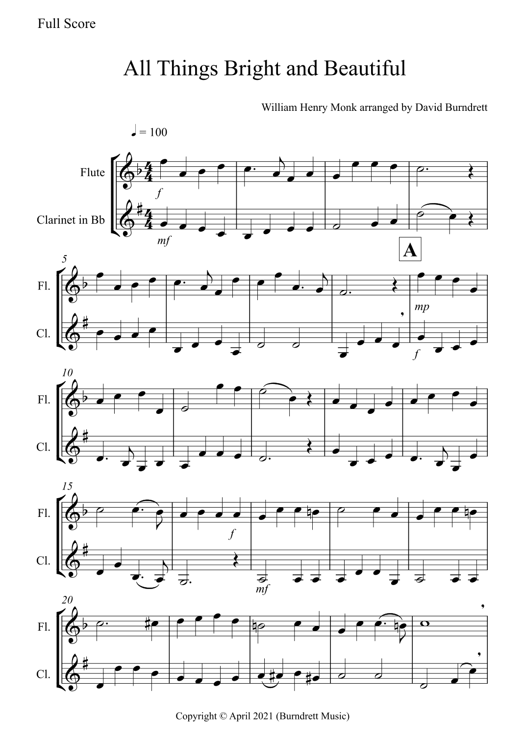 All Things Bright and Beautiful for Flute and Clarinet Duet (arr. David Burndrett)