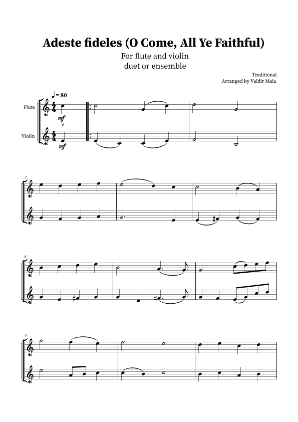 O Come, All Ye Faithful (Adeste Fideles) - Flute and Violin Duet (arr. Valdir Maia)