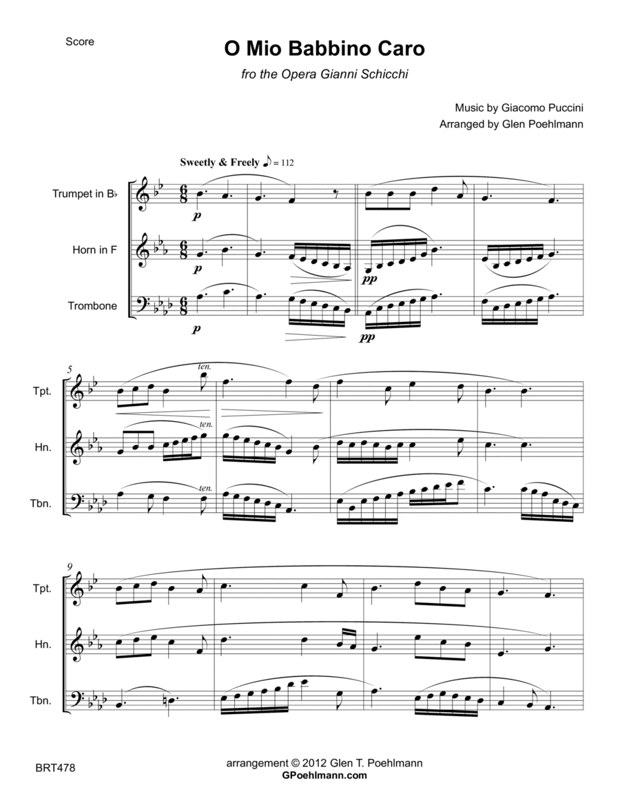O MIO BABBINO CARO (Puccini Aria from "Gianni Schicchi") - BRASS TRIO (unaccompanied) (arr. Glen Poehlmann)
