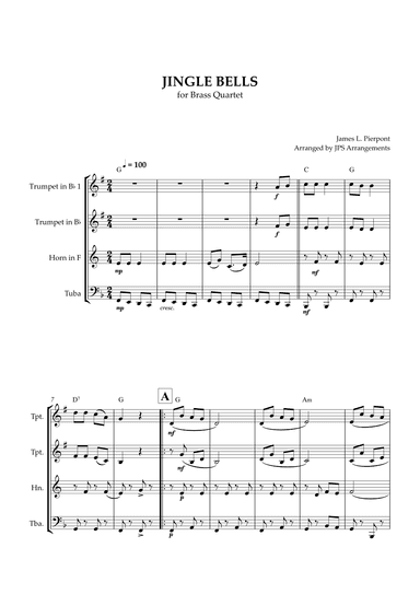 Jingle Bells for Brass Quartet in F major (arr. Jps Arrangements)