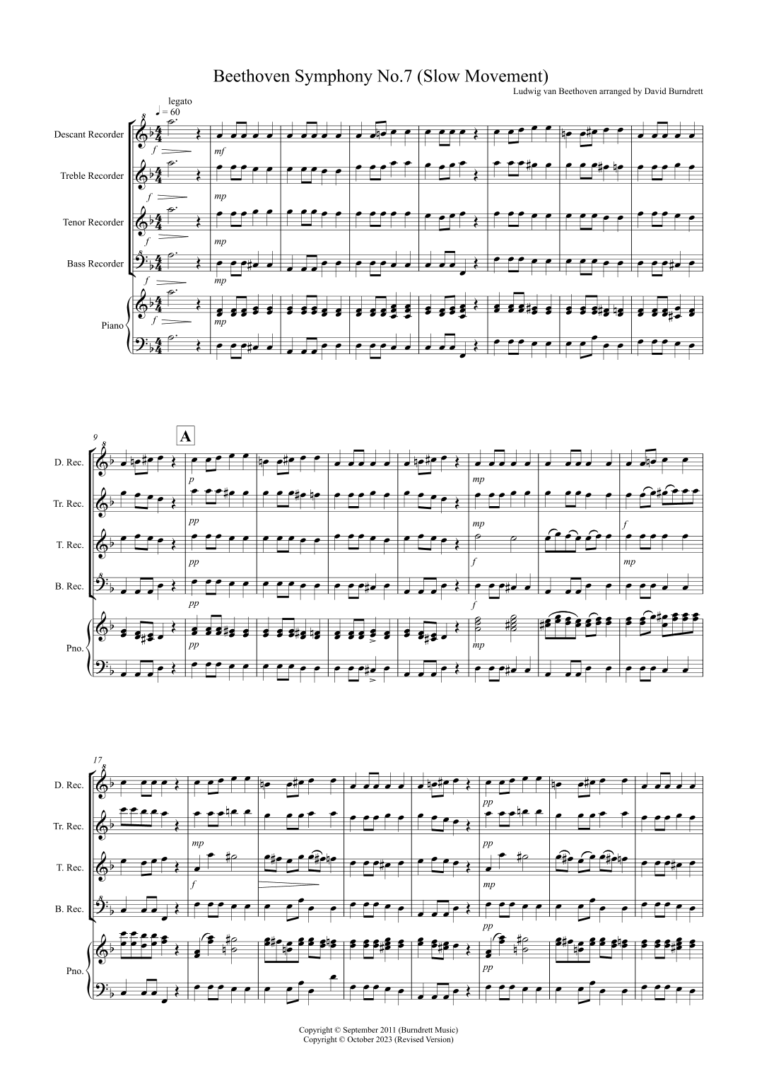 Beethoven Symphony No.7 (slow movement) for Recorder Quartet (arr. David Burndrett)