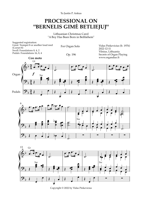 Processional on "Bernelis gime Betliejuj", Op. 196 (Organ Solo) by Vidas Pinkevicius