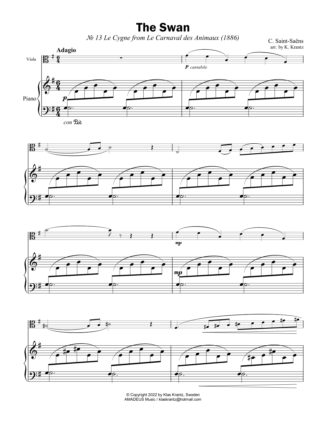 The Swan / Le cygne viola and easy piano (arr. K. Krantz)