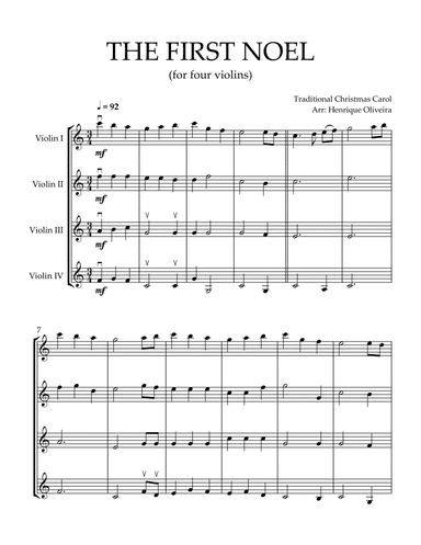 The First Noel (For Four Violins) - Intermediate Level (arr. Henrique Oliveira)