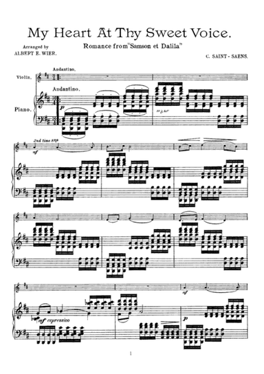 Saint-Saens My heart at thy sweet voice (Romance from "Samson et Dalila"), for Violin & Piano, VN006 (arr. A. E. Wier)