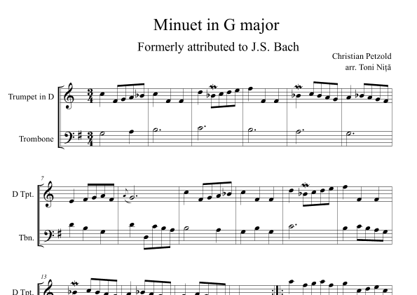 Minuet in G major, BWV Anh.114 (Petzold, Christian) for Trumpet in D & Trombone (arr. Toni Nita)