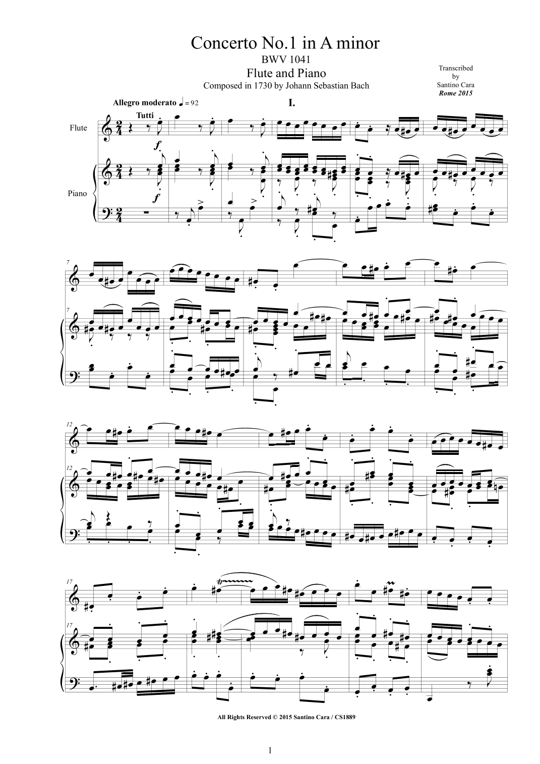 J.S.Bach - Concerto in A minor BWV 1041 Version for Flute and Piano (arr. Santino Cara)