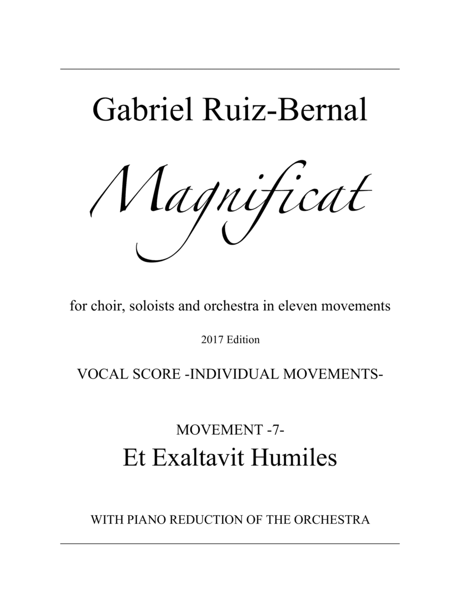 MAGNIFICAT. Mov. 7  "Et Exaltavit Humiles".  Aria for Alto with piano accompaniment (orchestra reduc