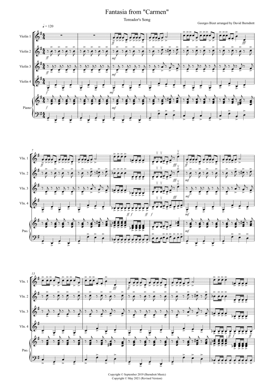 Toreador's Song (Fantasia from Carmen) for Violin Quartet (arr. David Burndrett)