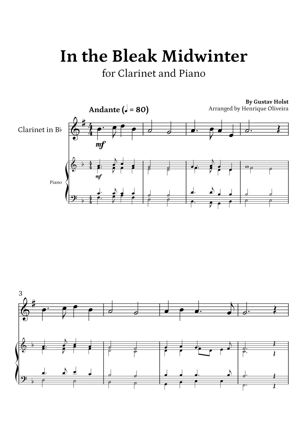 In the Bleak Midwinter (Clarinet and Piano) - Beginner Level (arr. Henrique Oliveira)