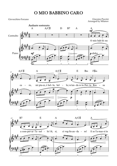 O Mio Babbino Caro | Female Voice Contralto | A Major | Piano accompaniment | Pedal | Chords (arr. Milanov)
