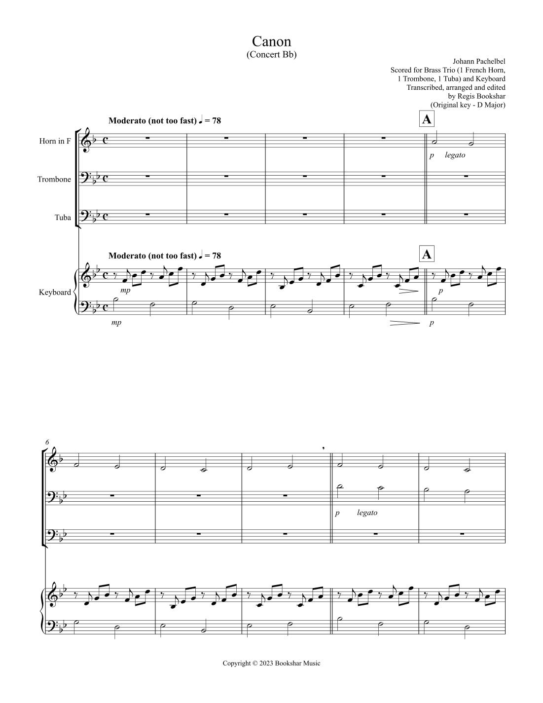 Canon (Pachelbel) (Bb) (Brass Trio - 1 Hrn, 1 Trb, 1 Tuba), Keyboard) (arr. Regis Bookshar)