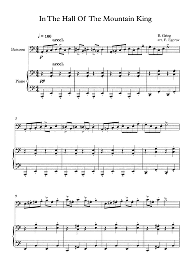 In The Hall Of The Mountain King, Edvard Grieg, For Bassoon & Piano (arr. Eugene Egorov)