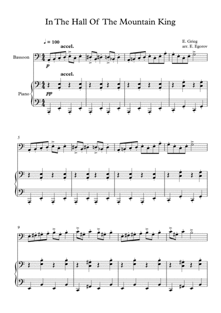 In The Hall Of The Mountain King, Edvard Grieg, For Bassoon & Piano (arr. Eugene Egorov)