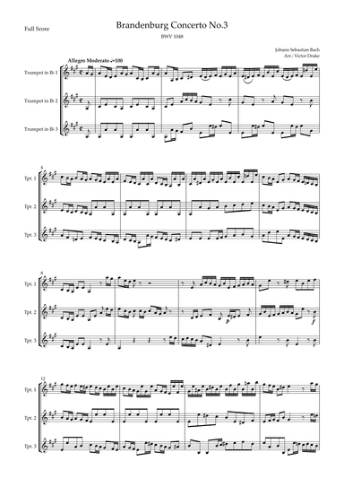 Brandenburg Concerto No. 3 in G major, BWV 1048 1st Mov. (J.S. Bach) for Trumpet in Bb Trio (arr. Victor Drake)