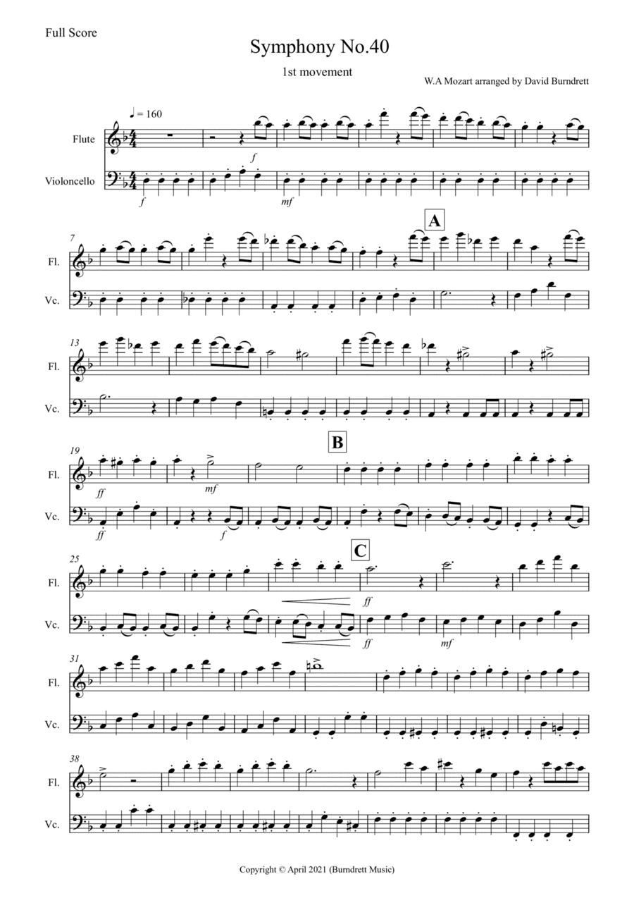 Symphony no.40 (1st Movement) for Flute and Cello Duet (arr. David Burndrett)