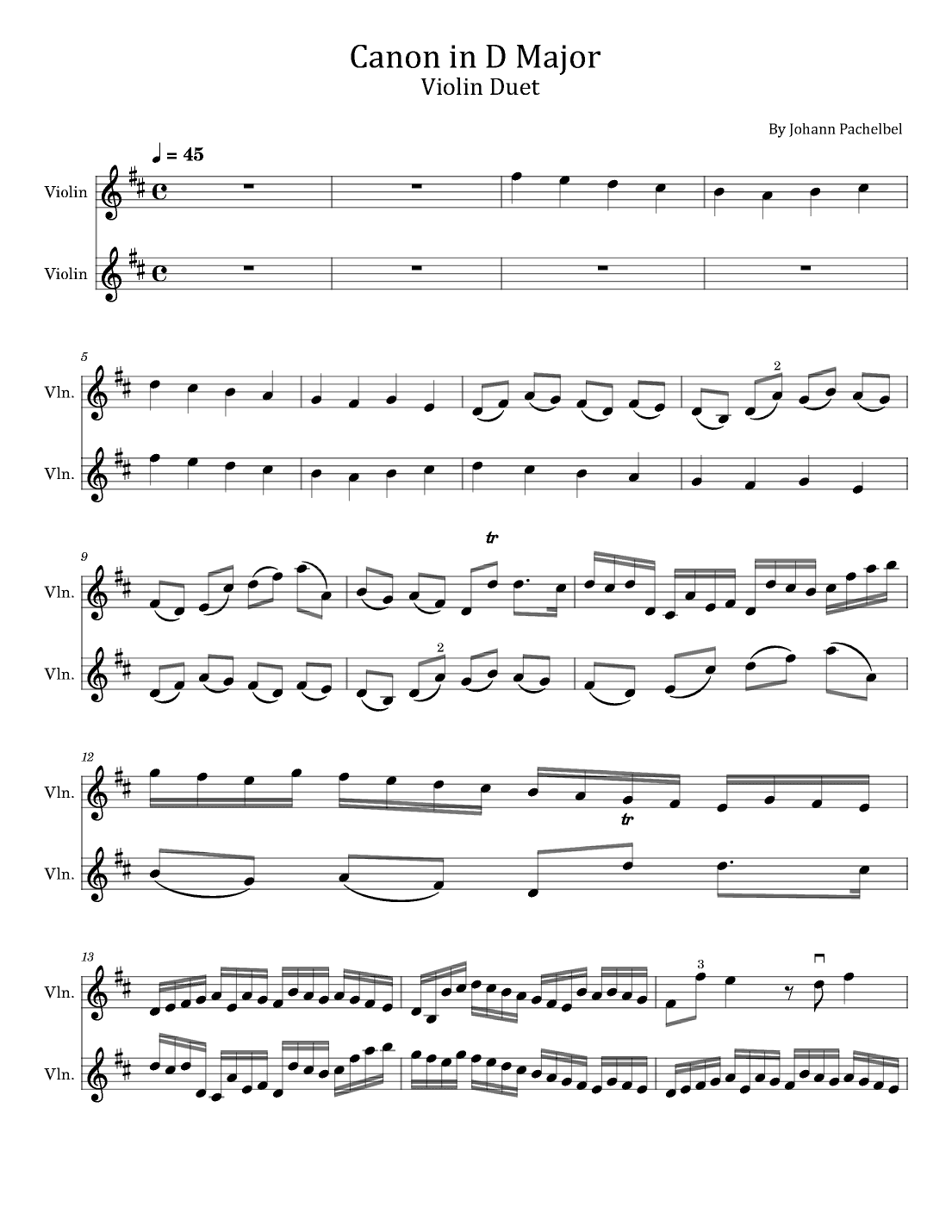 Canon in D Major - Violin Duet - With Finger Number (arr. poon)