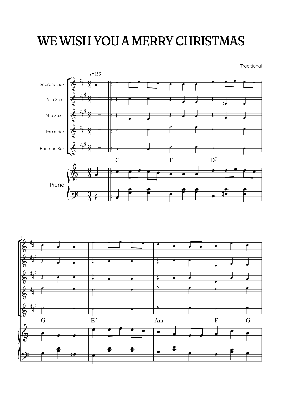 We Wish You a Merry Christmas for Sax Quintet & Piano • easy Christmas sheet music w/ chords (arr. Benzaiten Editions)