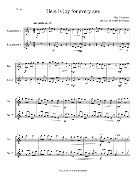 Variations on Here is joy for every age (Ecce Novum Gaudium - from Piae Cantiones) for 2 saxophones (arr. David Warin Solomons)