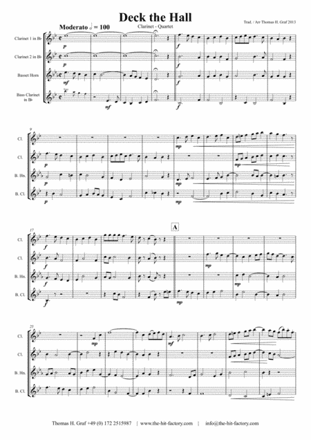 Deck the halls - Christmas Carol - Polyphonic - Clarinet Quartet (arr. Thomas H. Graf)