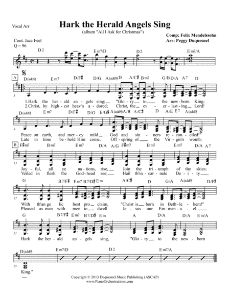 Hark the Herald Angels Sing (with Lyrics & Vocal Parts) (arr. Peggy Duquesnel, Duquesnel Music Publishing. ASCAP)