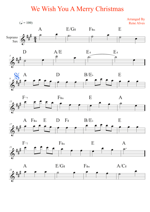 We Wish You A Merry Christmas, sheet music and soprano sax melody for the beginning musician (easy). (arr. Rene Alves)