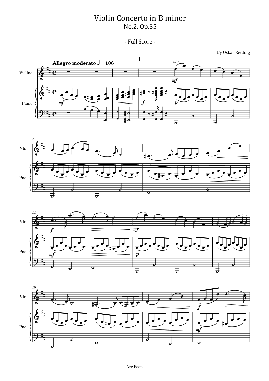 Oskar Rieding - Violin Concerto No.2, Op.35 - For Violin and Piano Full Score Original (arr. poon)