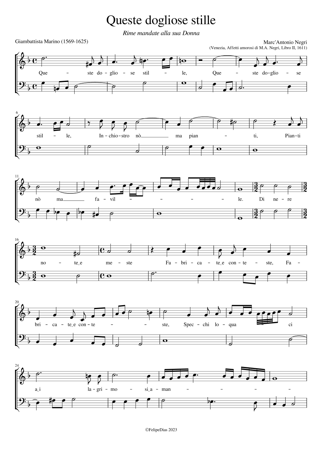 Queste dogliose stille (arr. Early Music Scores)