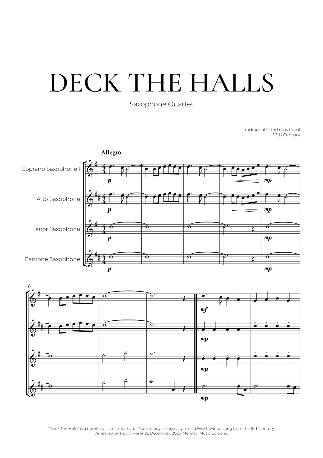 Deck The Halls (Saxophone Quartet) - Christmas Carol (arr. Pedro Merendi)