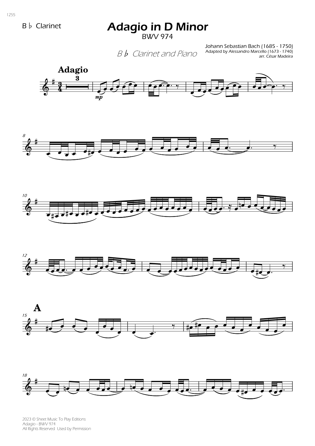 Adagio (BWV 974) - Bb Clarinet and Piano (Individual Parts) (arr. César Madeira)